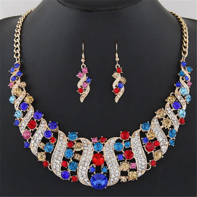 1 Set Women's Girl Gold Color Rhinestone Crystal Chain Necklace Choker Statement Dangle Drop Earrings Jewelry Set collier Party