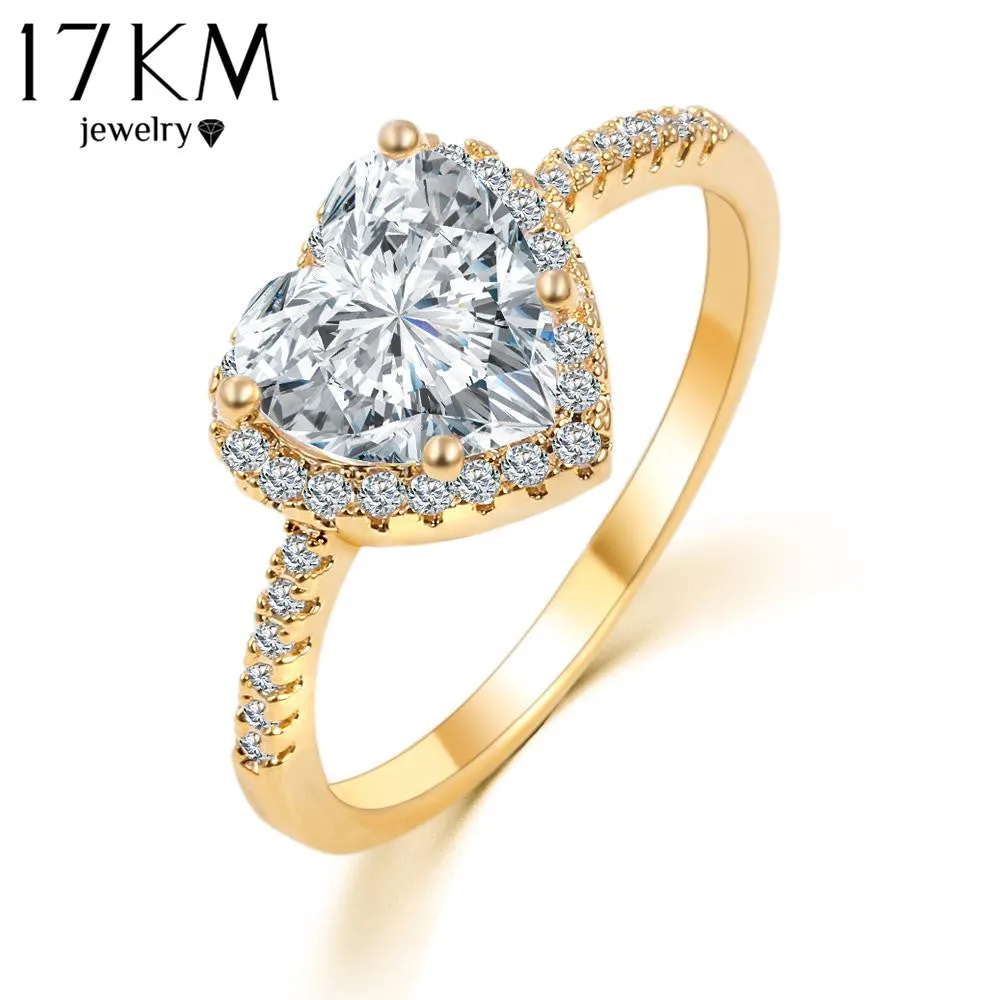 17KM Romantic Heart Ring Gold Color Wedding Jewelry Clear Crystal Promise Ring For Women anillos anneaux CS12