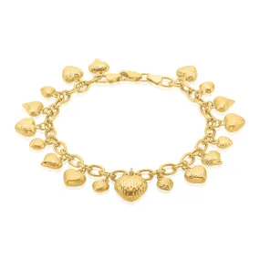 9ct Yellow Gold 19cm Drop Heart Hollow Bracelet