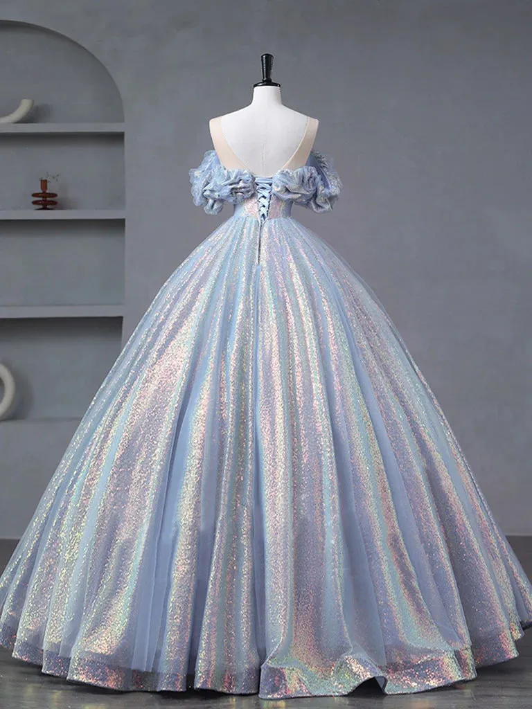 A-Line Off Shoulder Tulle Sequin Blue Purple Long Prom Dress, Sequin Formal Dress       fg4440