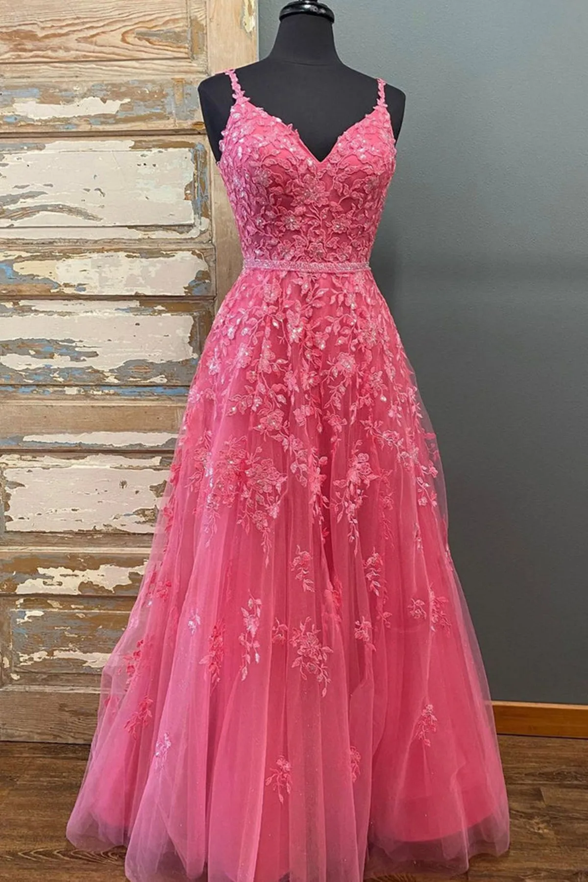 A Line V Neck Beaded Hot Pink Lace Long Prom Dress, Hot Pink Lace Formal Graduation Evening Dress A1460