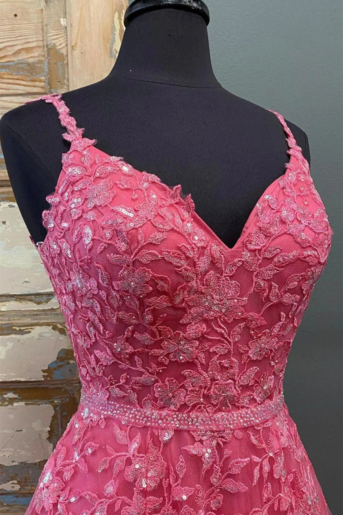 A Line V Neck Beaded Hot Pink Lace Long Prom Dress, Hot Pink Lace Formal Graduation Evening Dress A1460