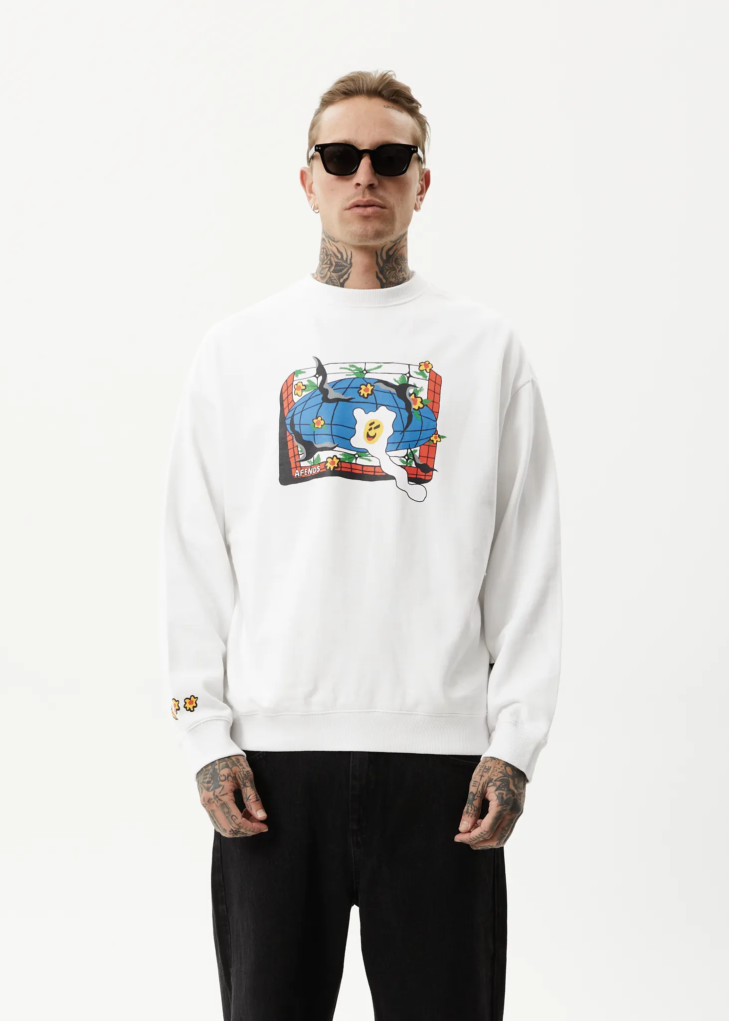 AFENDS Mens Globe - Crew Neck Graphic Jumper - White