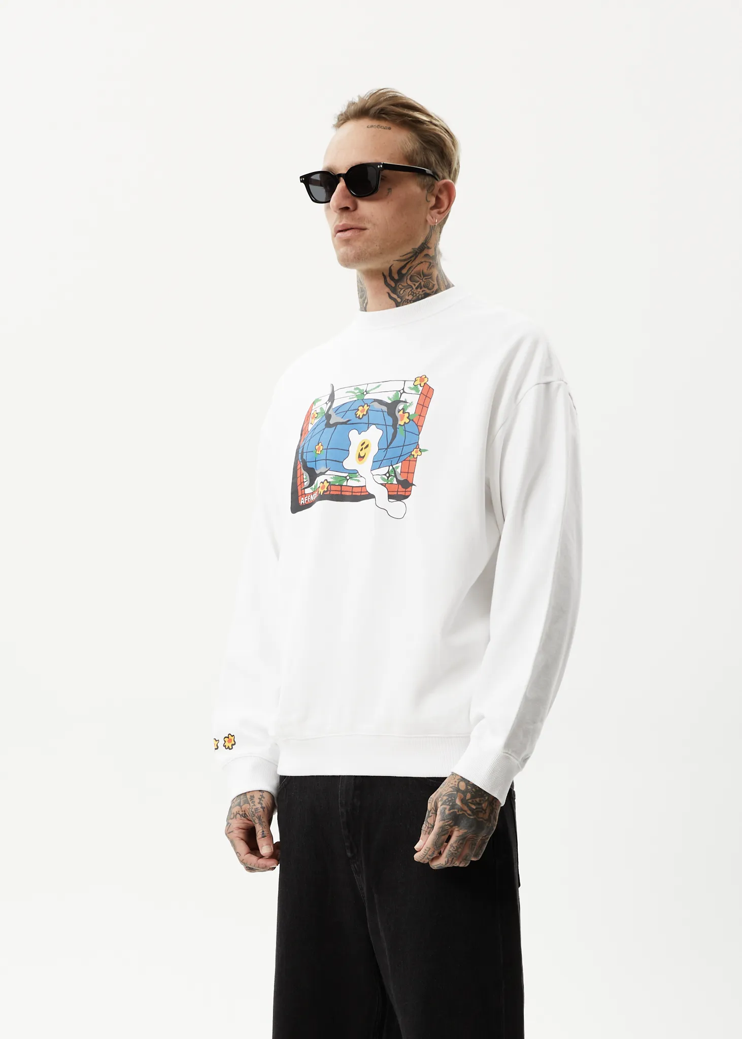 AFENDS Mens Globe - Crew Neck Graphic Jumper - White