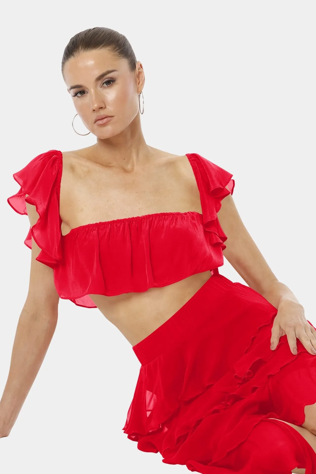 Almyra Flaming Red Long Ruffle Skirt With Side Split