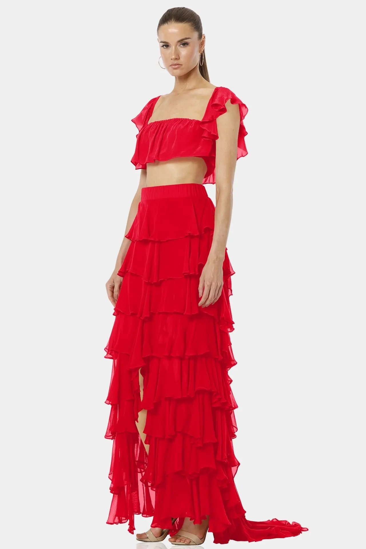 Almyra Flaming Red Long Ruffle Skirt With Side Split