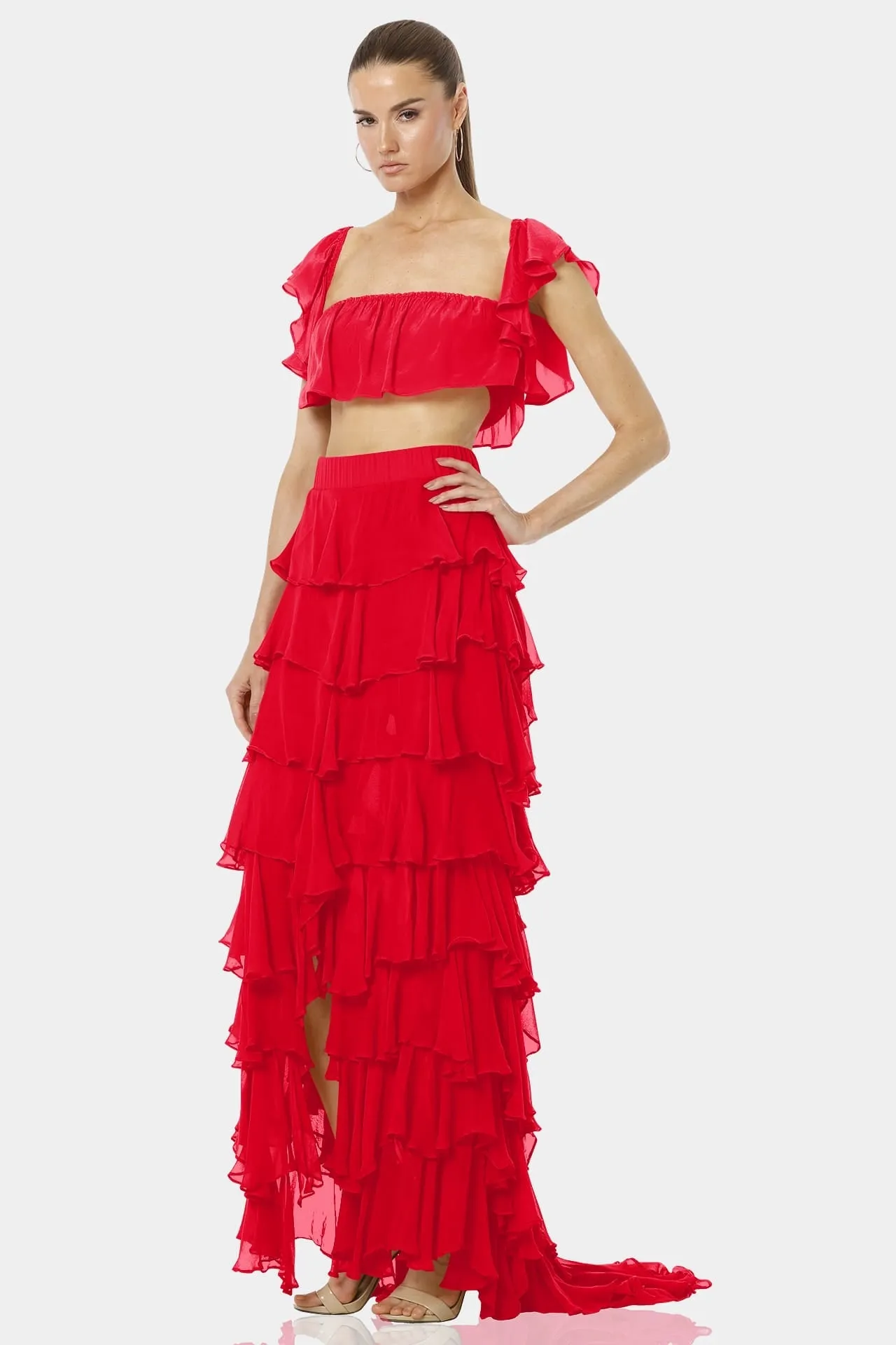 Almyra Flaming Red Long Ruffle Skirt With Side Split