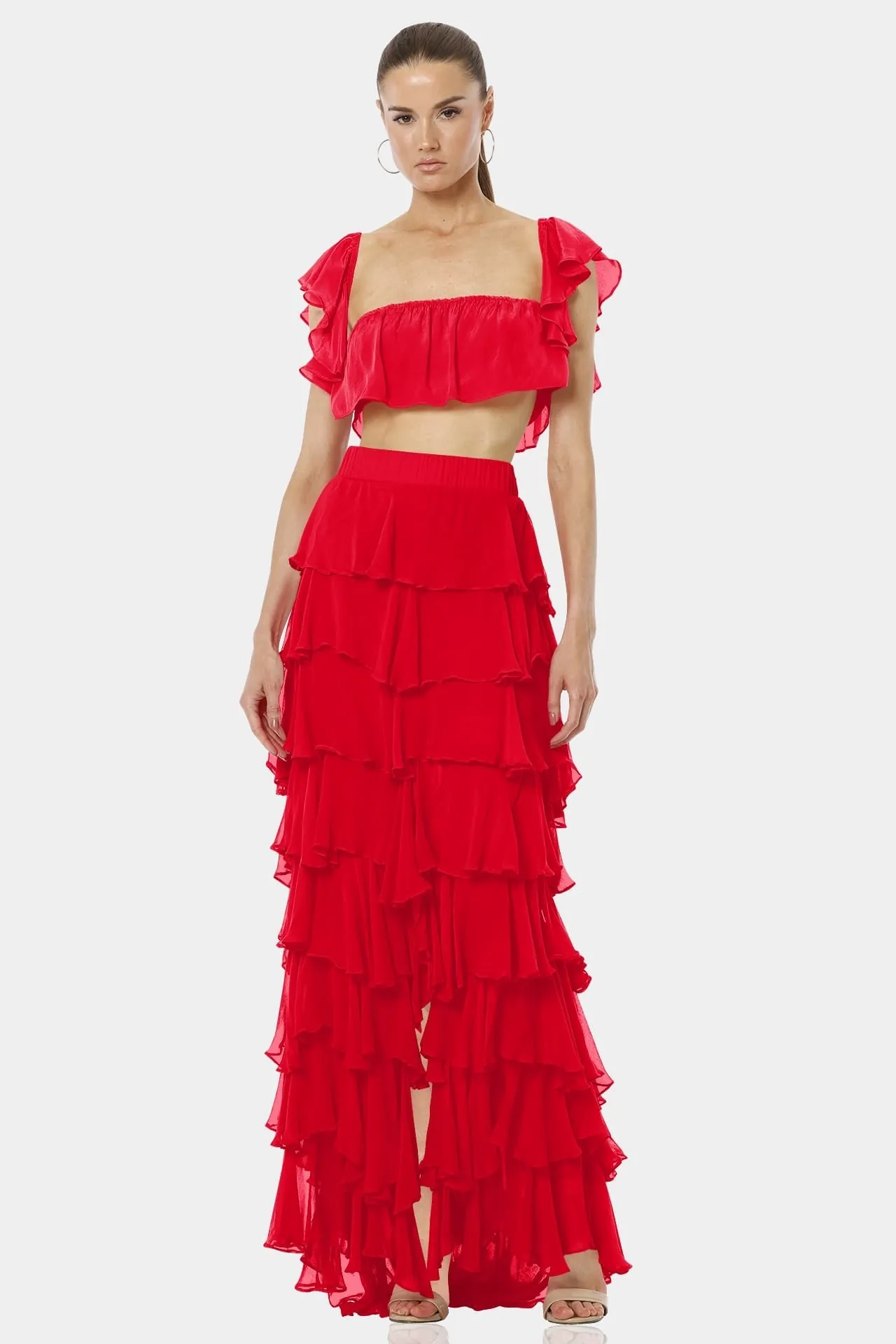 Almyra Flaming Red Long Ruffle Skirt With Side Split