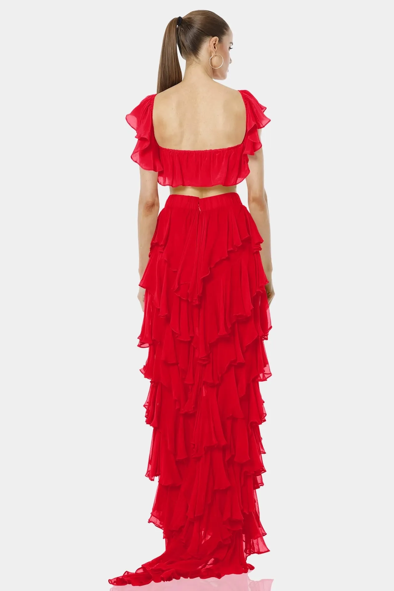 Almyra Flaming Red Long Ruffle Skirt With Side Split