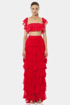 Almyra Flaming Red Long Ruffle Skirt With Side Split