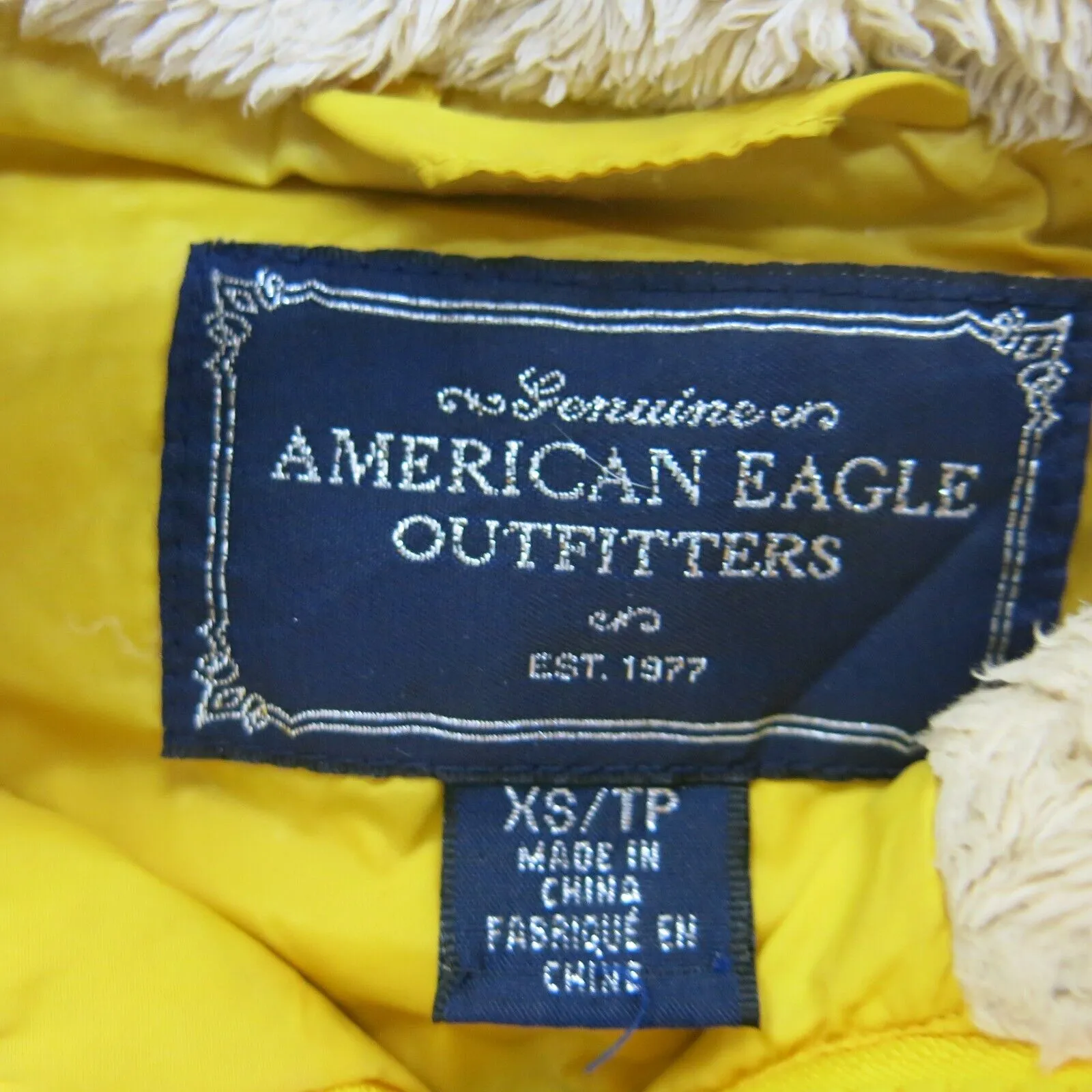 American Eagle Jacket Womens X Small Yellow Outdoors Puffer Coat Faux Fur Hooded