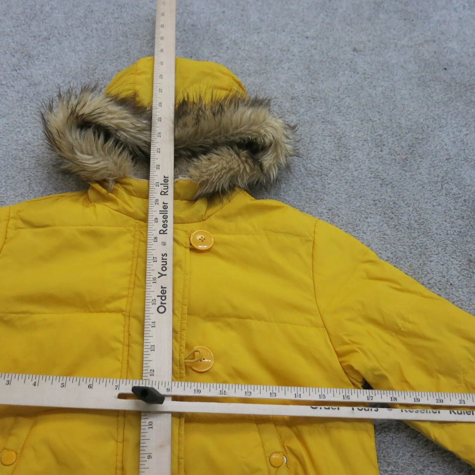 American Eagle Jacket Womens X Small Yellow Outdoors Puffer Coat Faux Fur Hooded