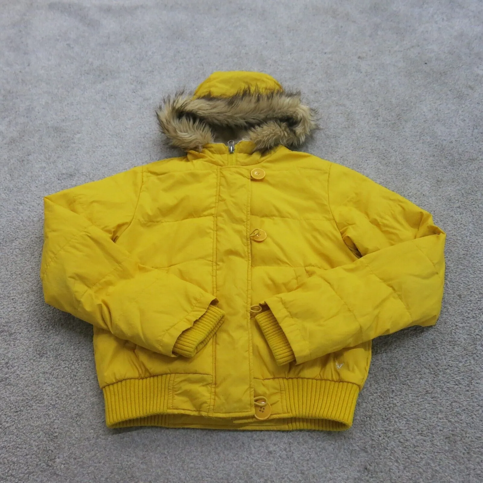 American Eagle Jacket Womens X Small Yellow Outdoors Puffer Coat Faux Fur Hooded