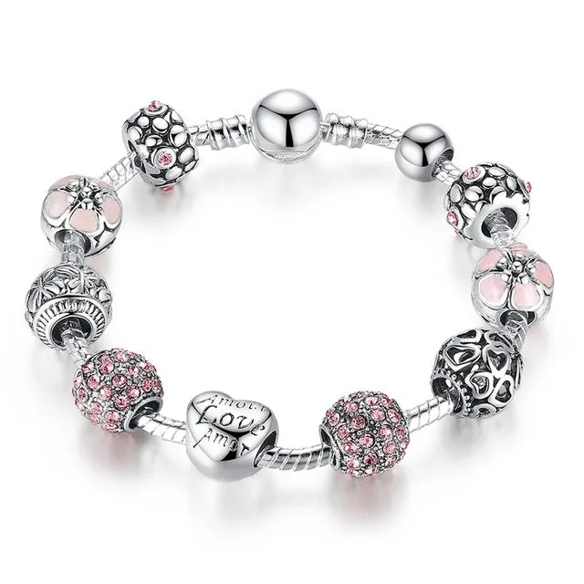 Antique Silver Charm with Love and Flower Crystal Ball Bracelet