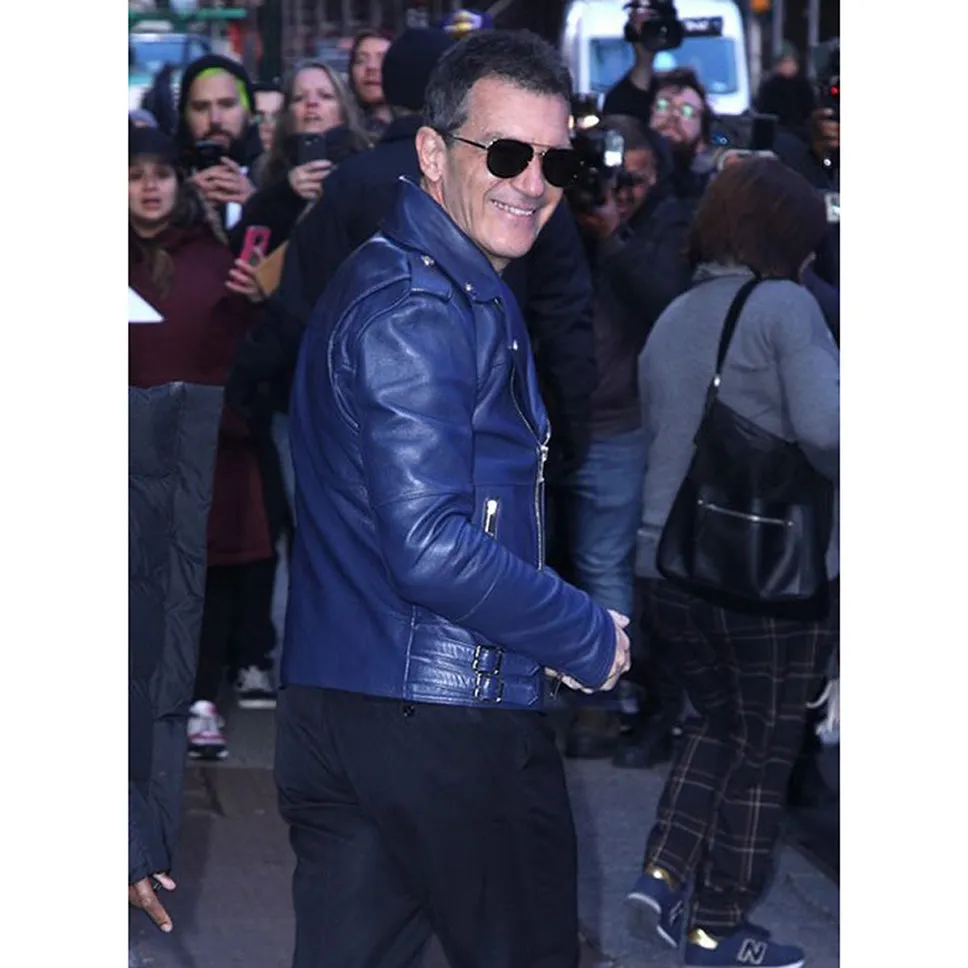 Antonio Banderas Real Leather Biker Jacket Blue