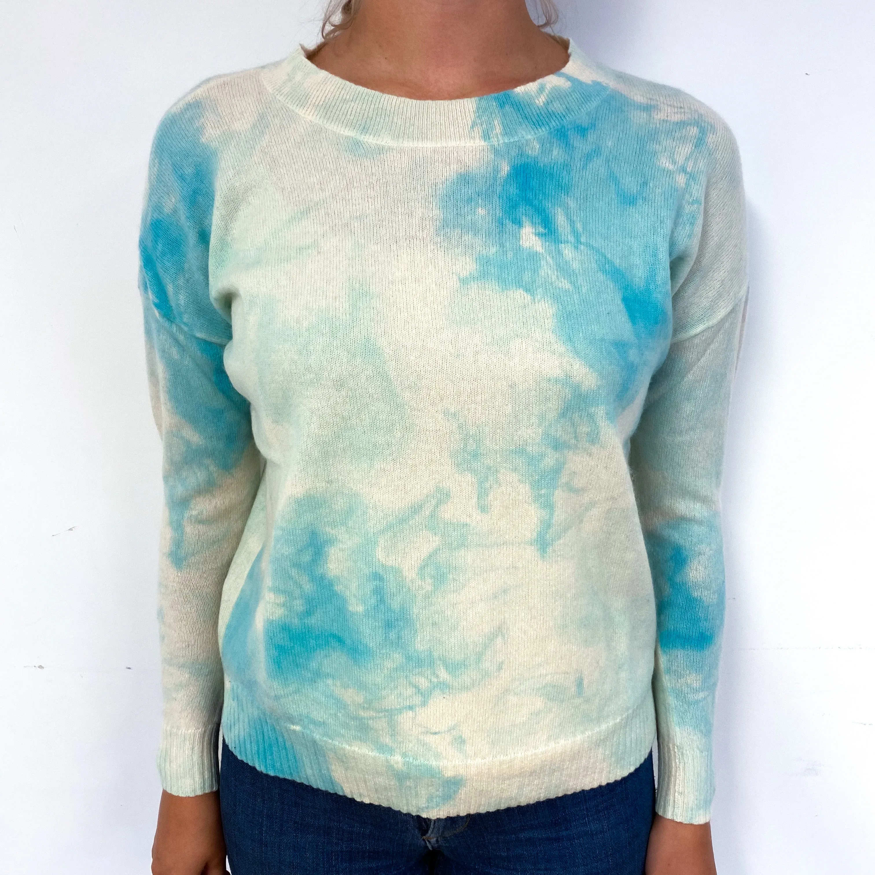 Aqua and Cream Patterned Cashmere Crew Neck Jumper Small