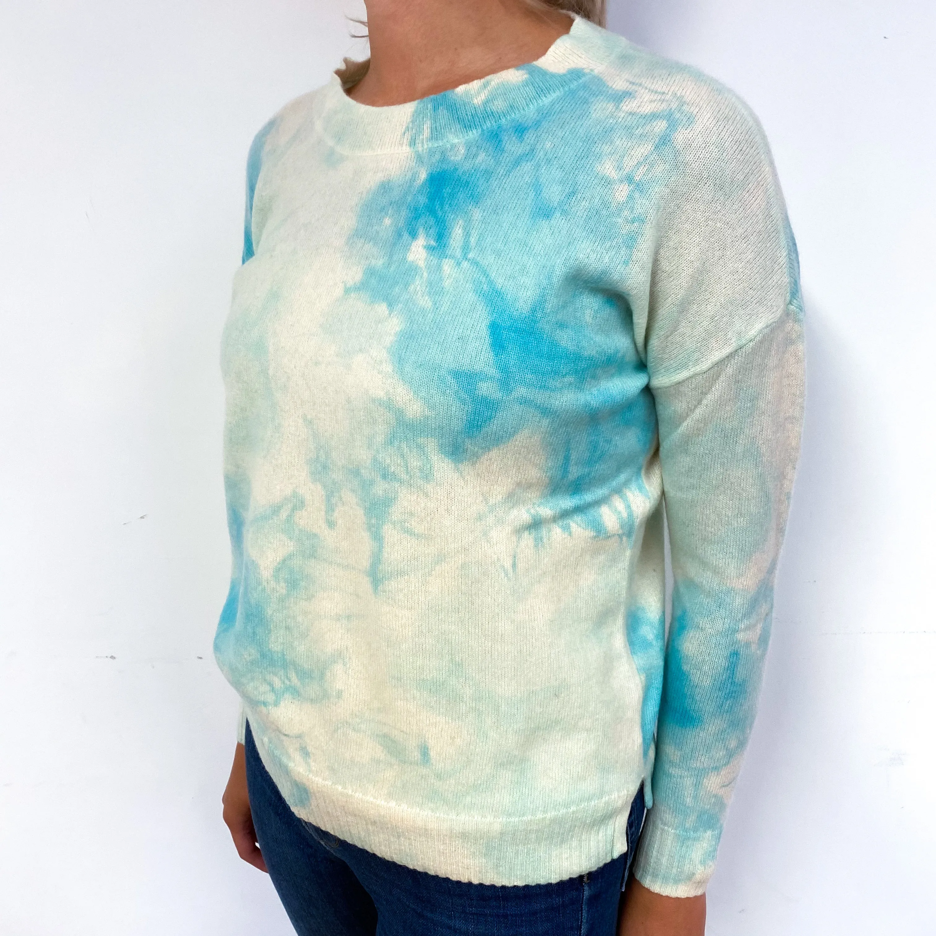 Aqua and Cream Patterned Cashmere Crew Neck Jumper Small