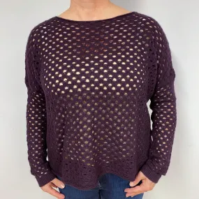 Aubergine Purple Lace Knit Cashmere Crew Neck Jumper Large