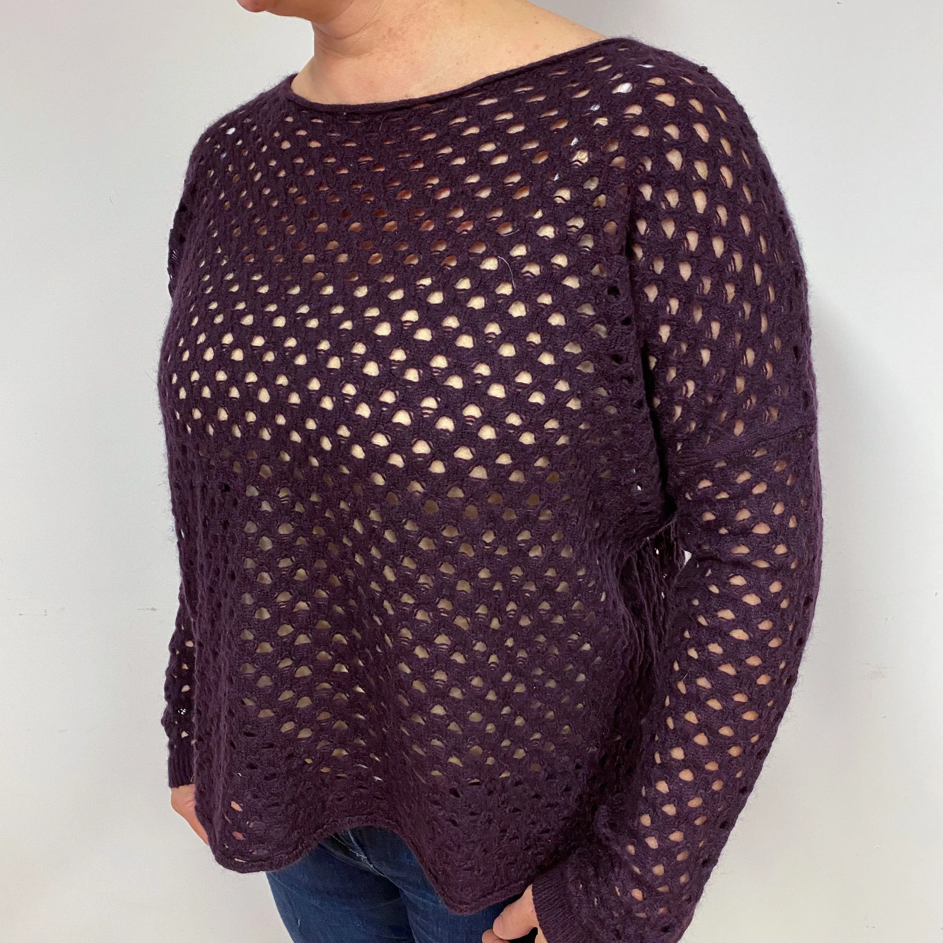 Aubergine Purple Lace Knit Cashmere Crew Neck Jumper Large