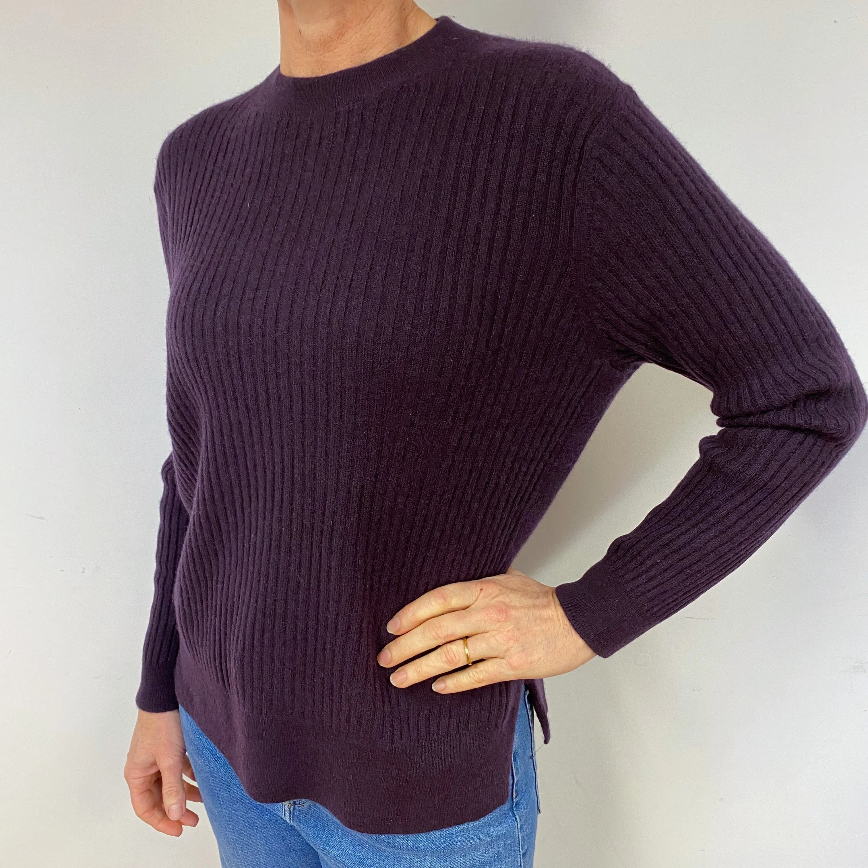 Aubergine Purple Ribbed Cashmere Crew Neck Jumper Medium