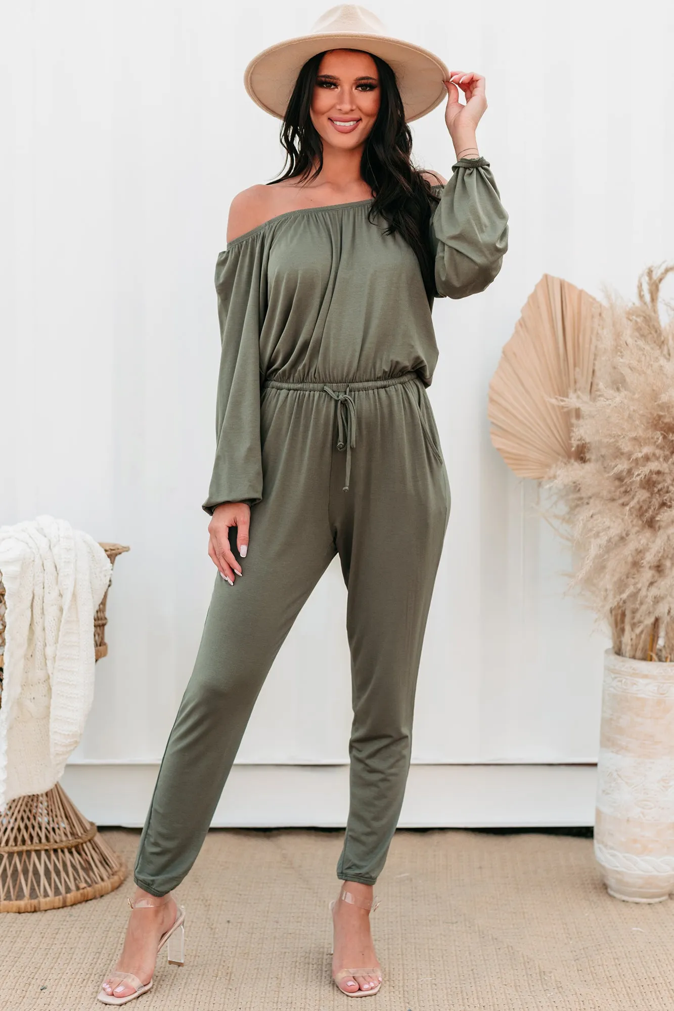 August Long Sleeve Off-The-Shoulder Jumpsuit (Army)