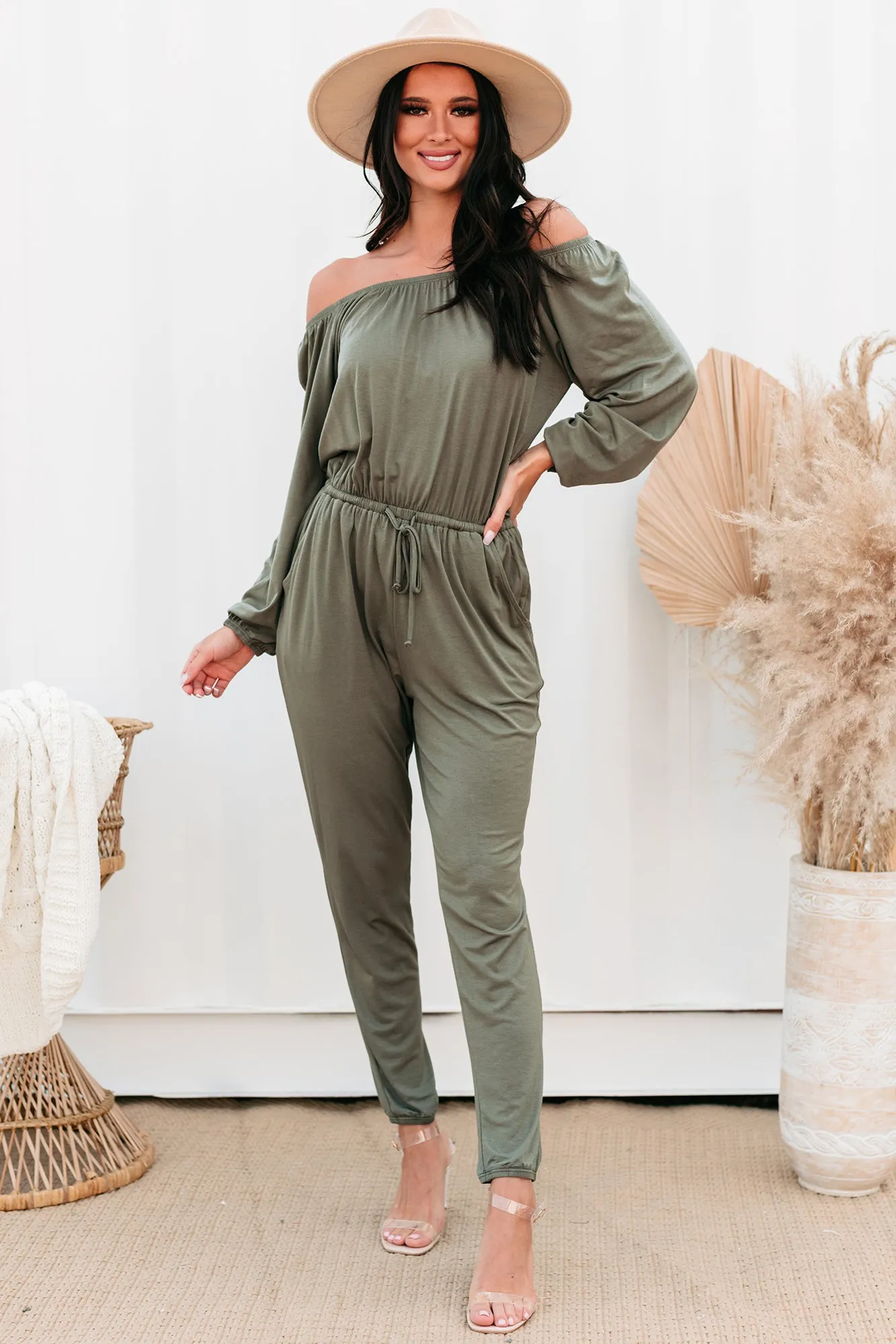 August Long Sleeve Off-The-Shoulder Jumpsuit (Army)