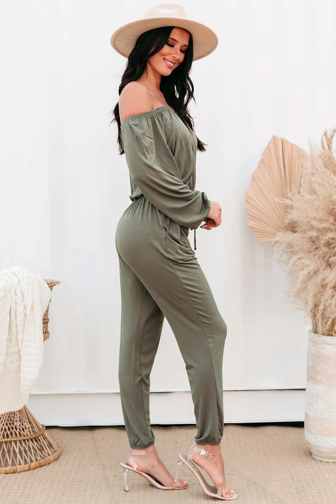 August Long Sleeve Off-The-Shoulder Jumpsuit (Army)