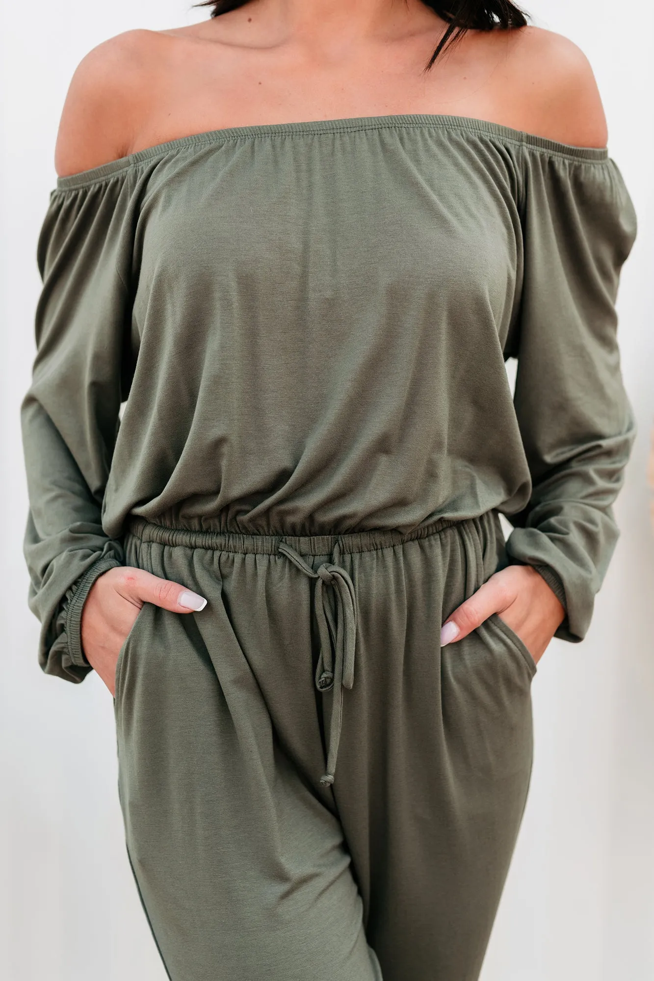 August Long Sleeve Off-The-Shoulder Jumpsuit (Army)