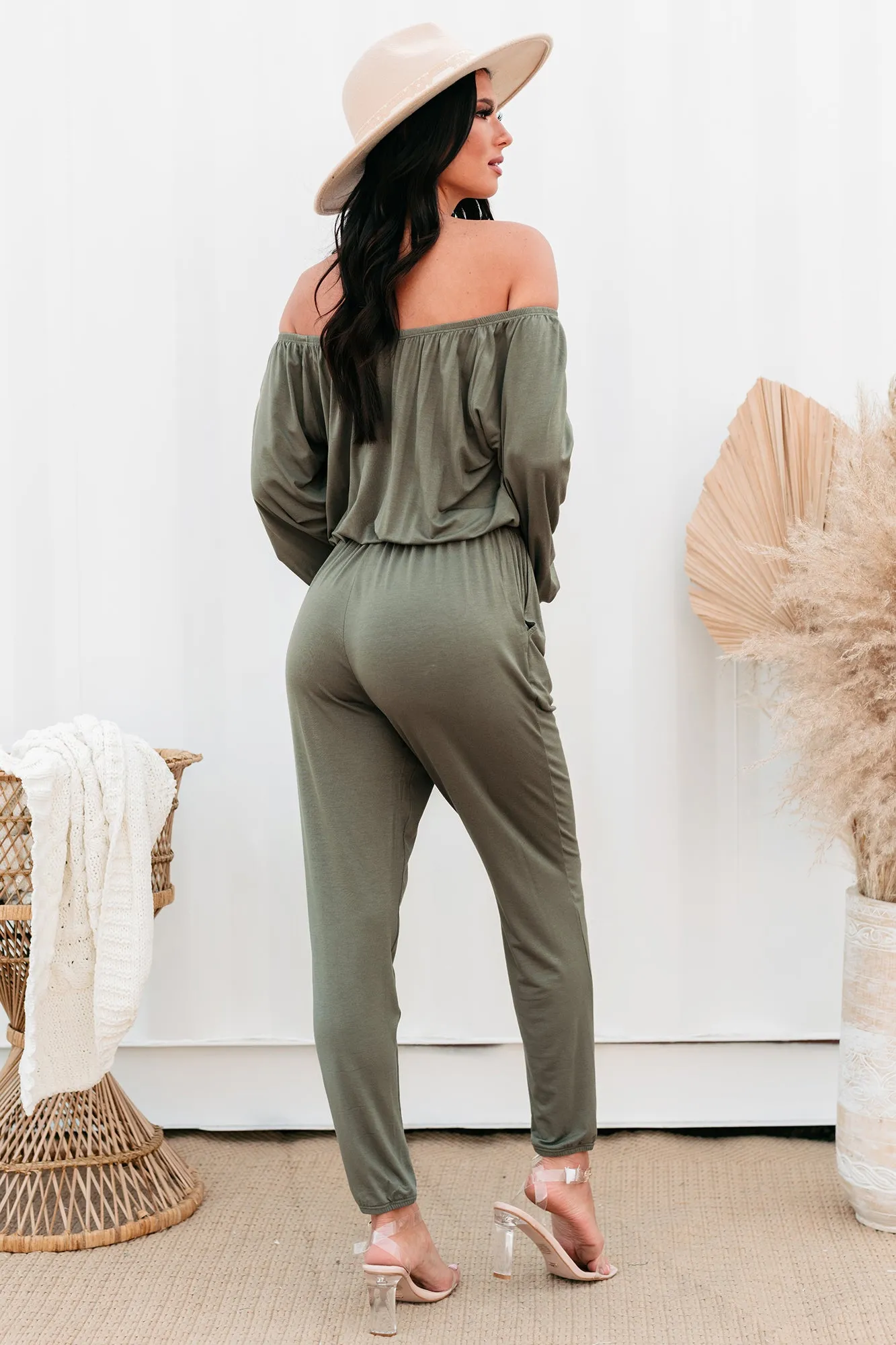 August Long Sleeve Off-The-Shoulder Jumpsuit (Army)