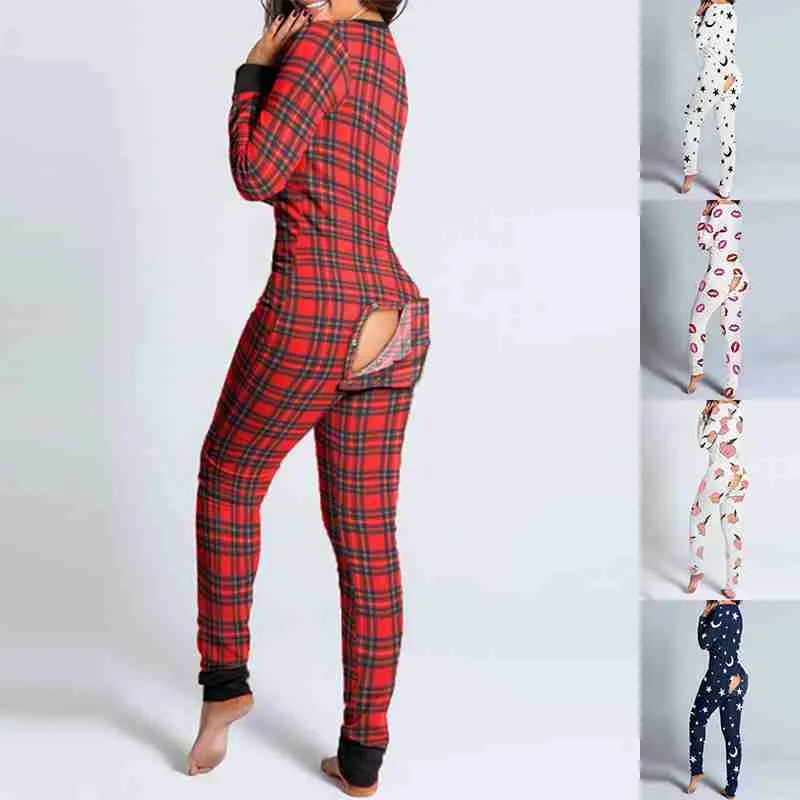 Autumn And Winter Women Fashion Homewear Cute Printing Functional Buttoned Flap Adults Sleepwear One Piece Pajamas