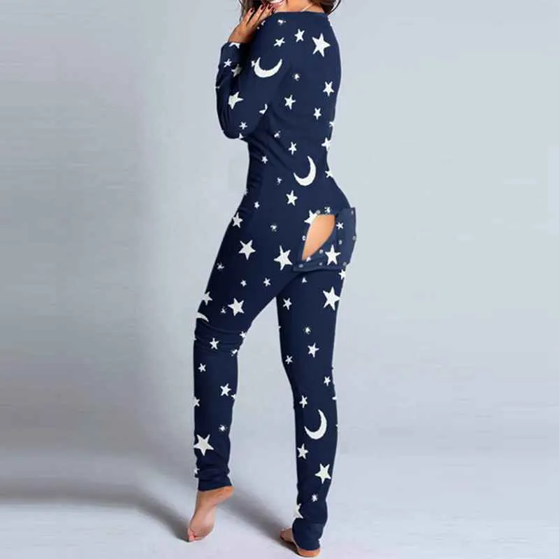 Autumn And Winter Women Fashion Homewear Cute Printing Functional Buttoned Flap Adults Sleepwear One Piece Pajamas