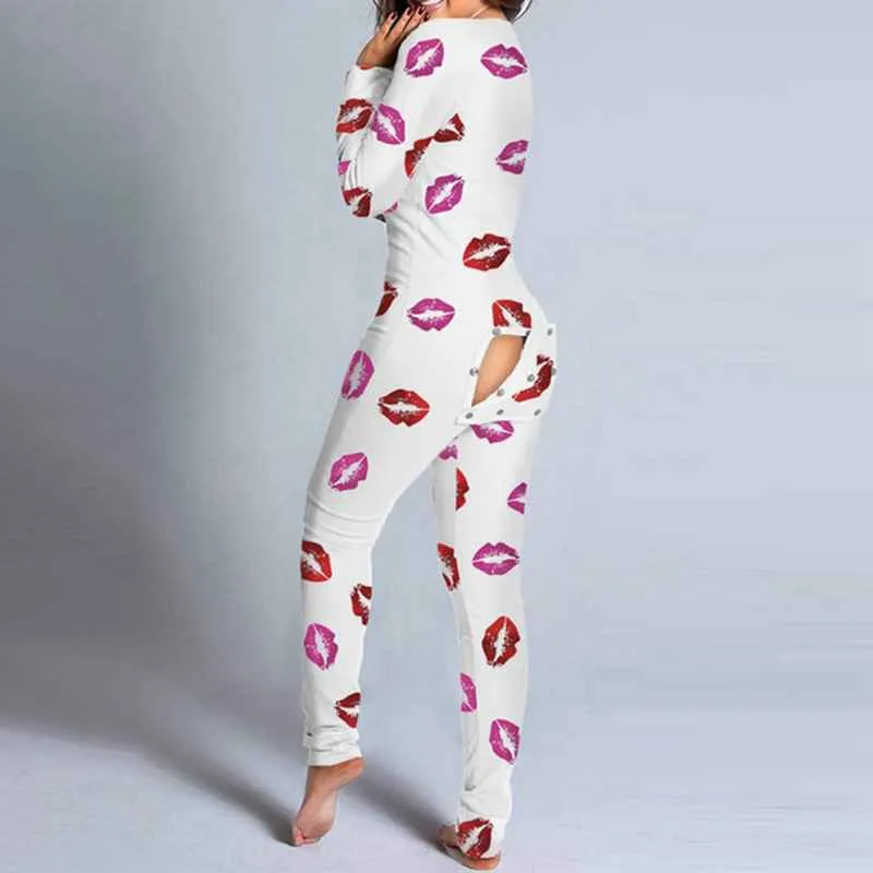 Autumn And Winter Women Fashion Homewear Cute Printing Functional Buttoned Flap Adults Sleepwear One Piece Pajamas