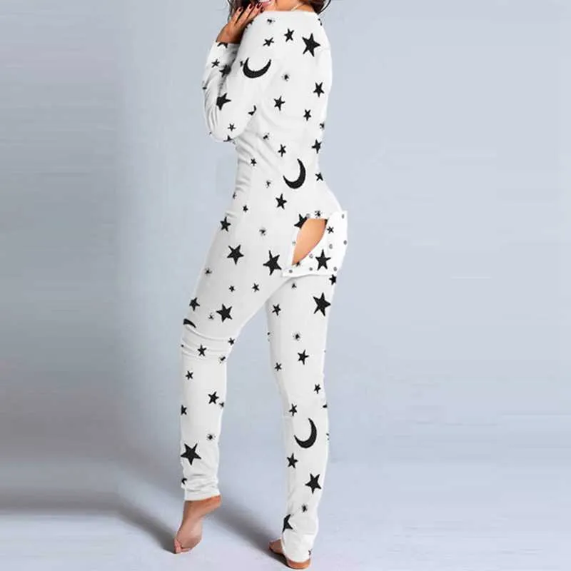 Autumn And Winter Women Fashion Homewear Cute Printing Functional Buttoned Flap Adults Sleepwear One Piece Pajamas