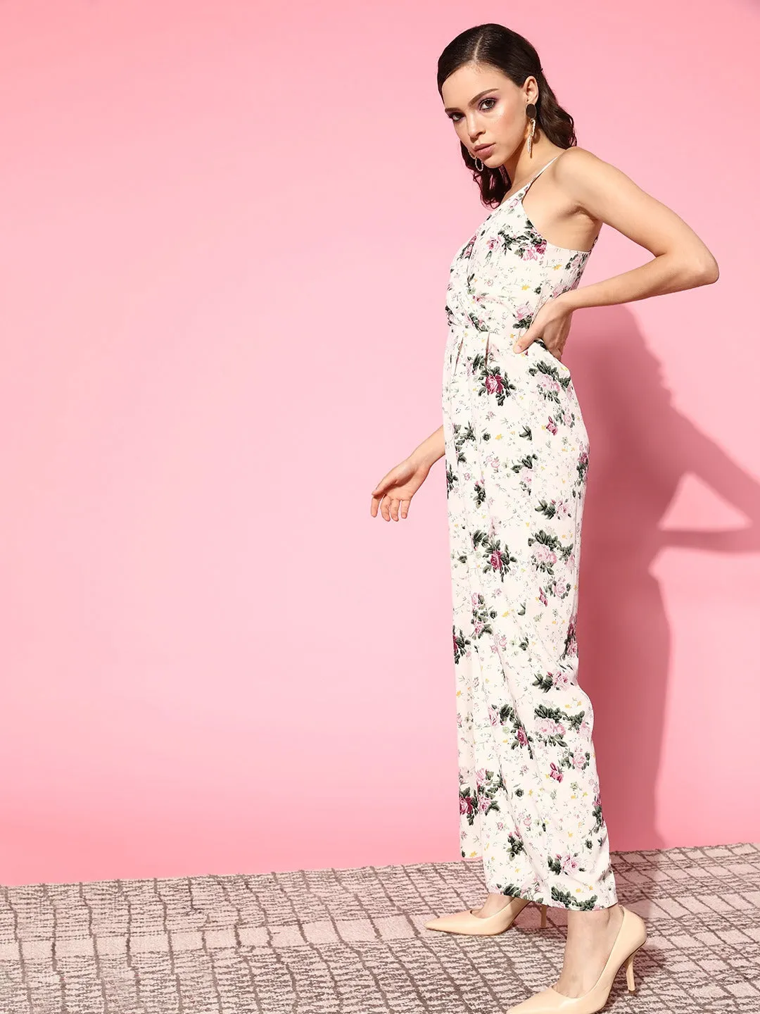 Berrylush Women Beige & Pink Floral Printed V-Neck Wrap Basic Jumpsuit