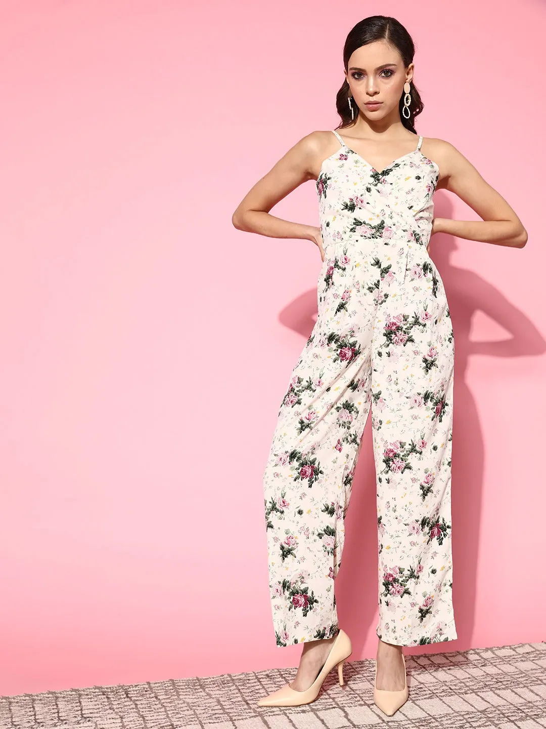 Berrylush Women Beige & Pink Floral Printed V-Neck Wrap Basic Jumpsuit