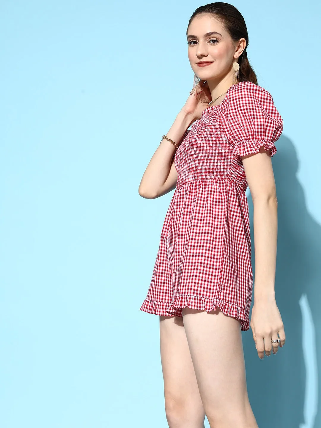 Berrylush Women Red & White Check Printed Square Neck Cotton Smocked & Gathered Mini Jumpsuit