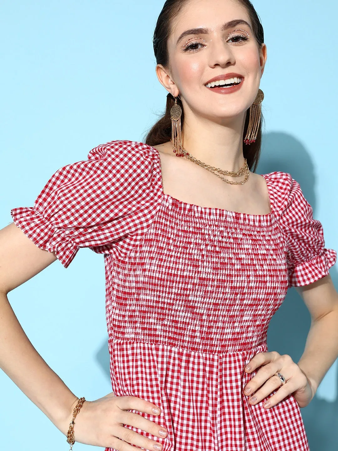 Berrylush Women Red & White Check Printed Square Neck Cotton Smocked & Gathered Mini Jumpsuit