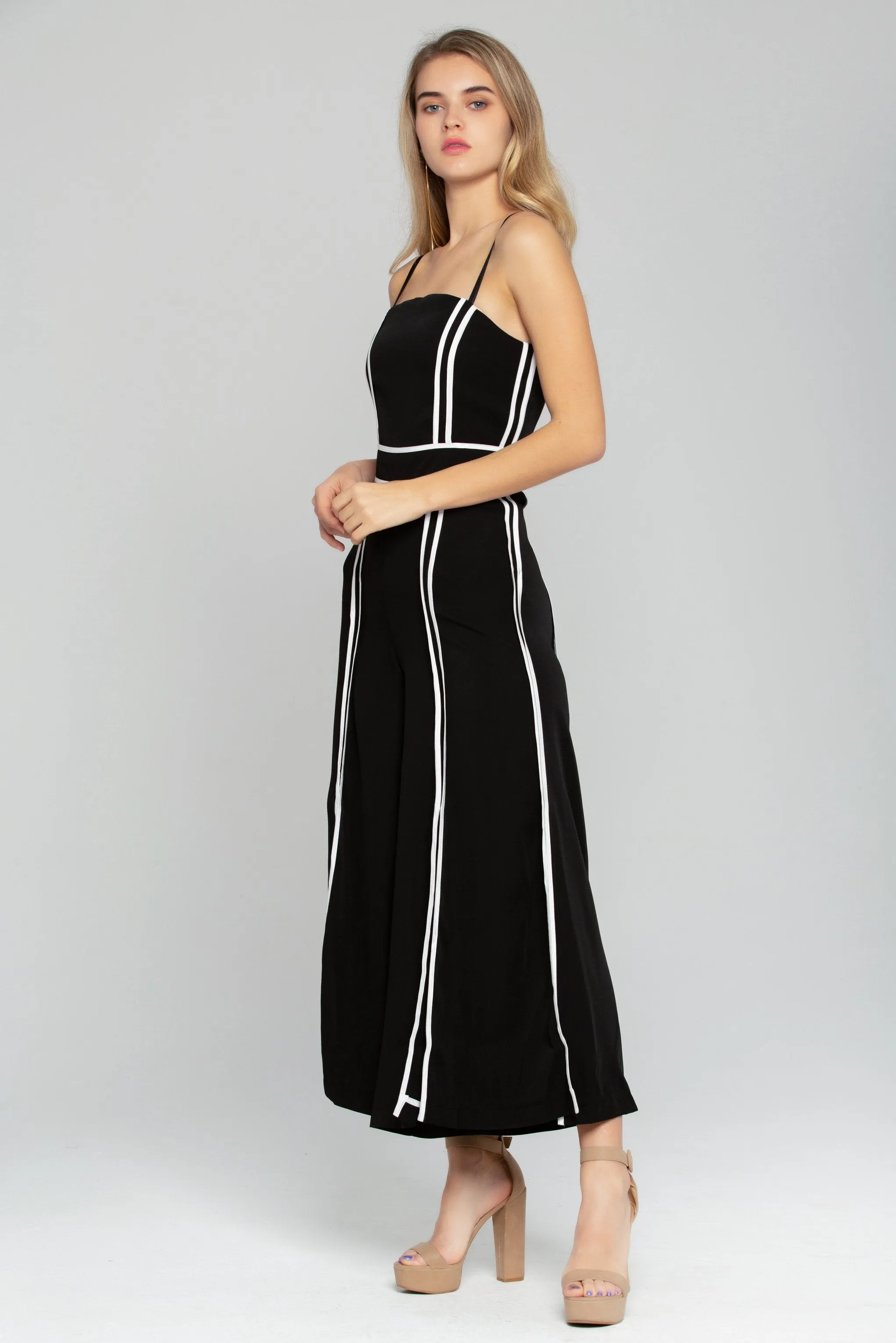 Black and White Trim Slit Jumpsuit