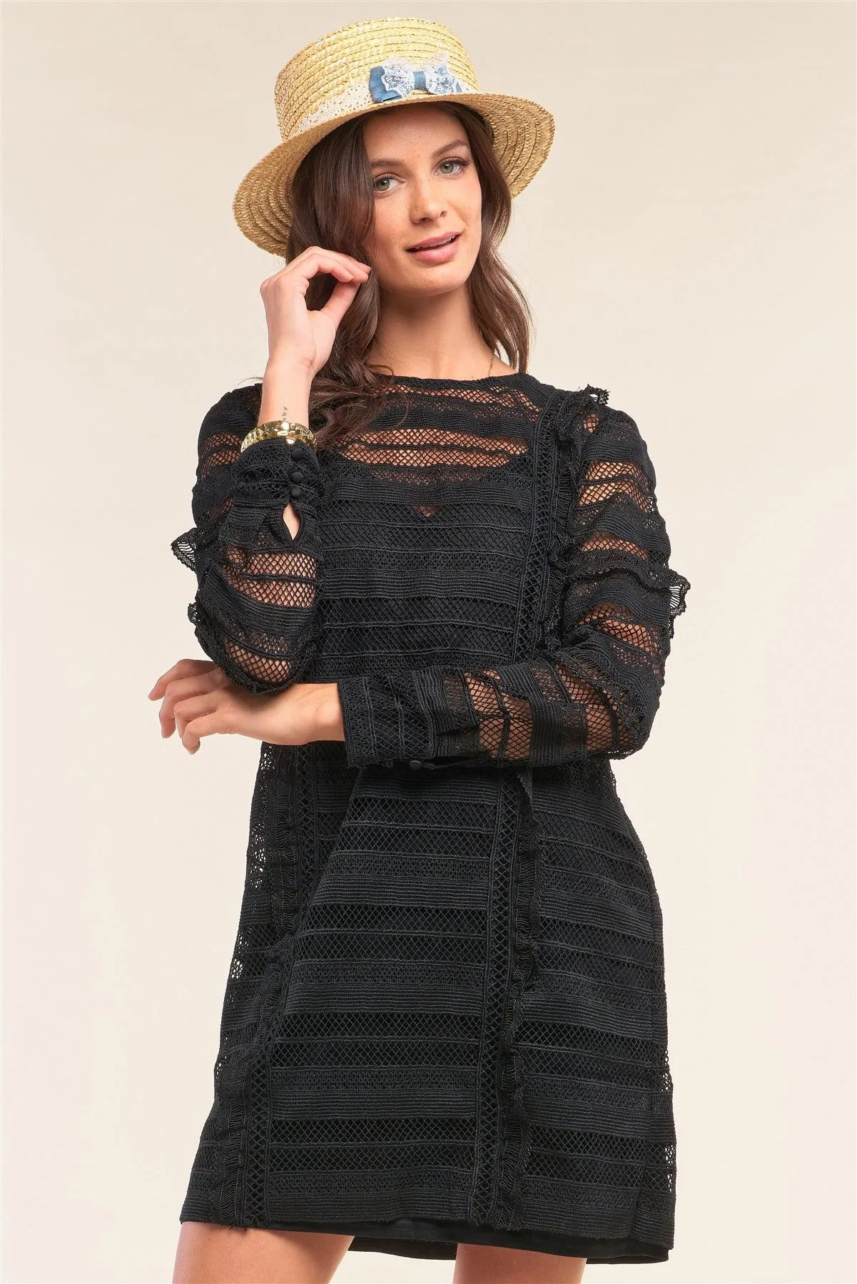 Black Crochet Lace Mesh Crew Neck Long Sleeve Frill Trim Detail Mini Dress /2-2-1