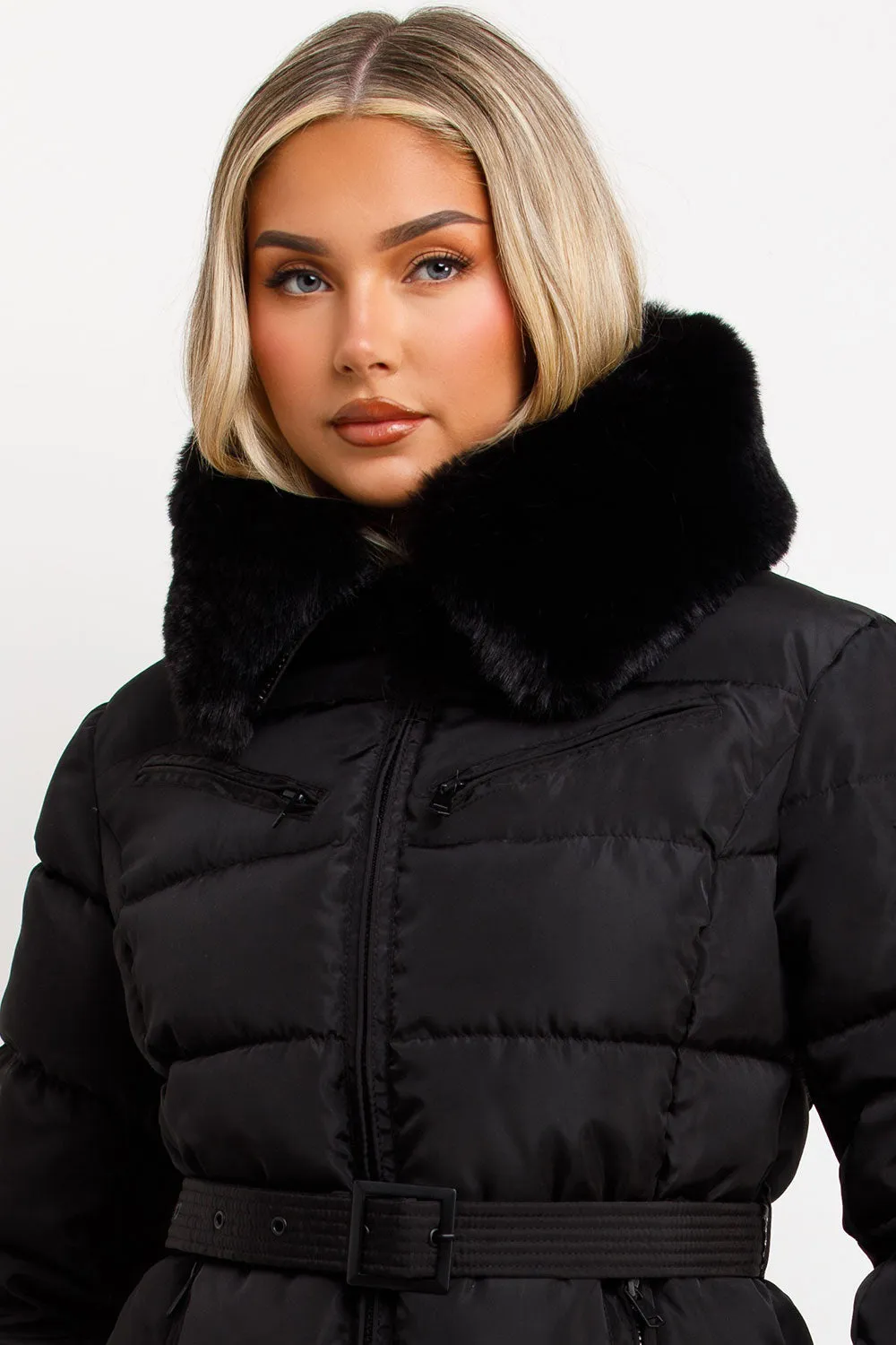 Black Faux Fur Hood Jacket With Belt