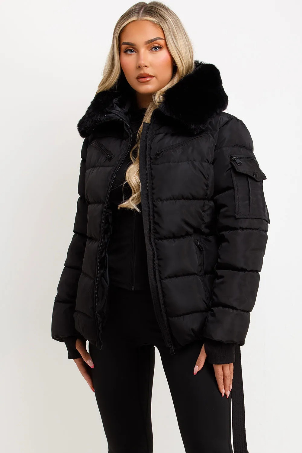 Black Faux Fur Hood Jacket With Belt