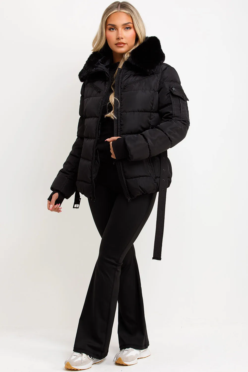 Black Faux Fur Hood Jacket With Belt