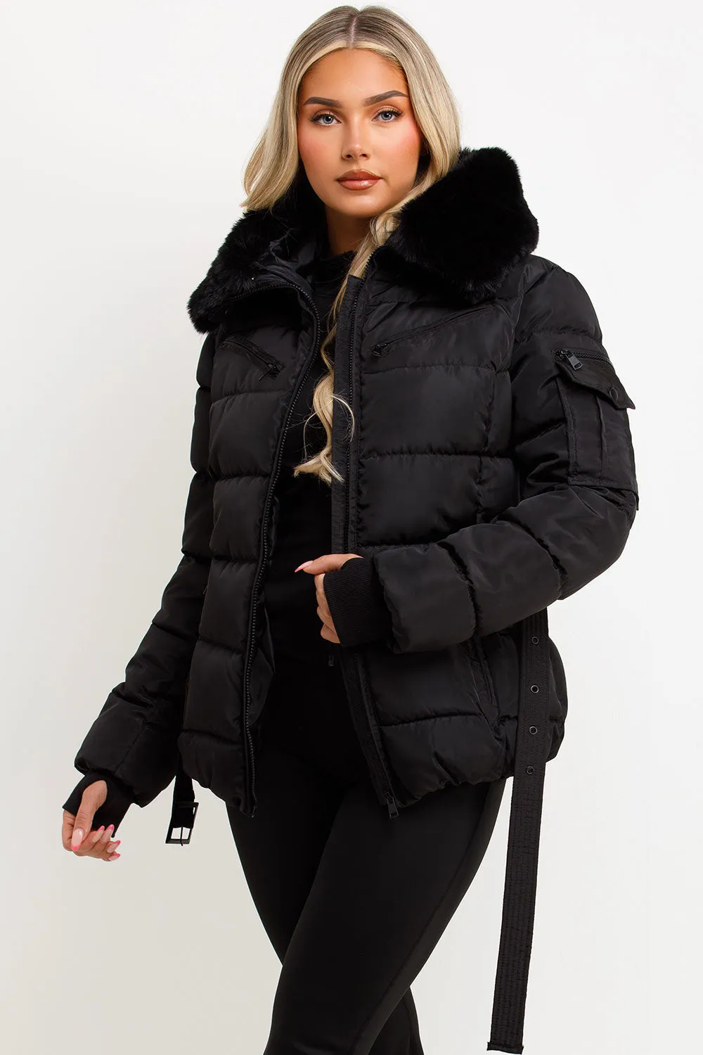 Black Faux Fur Hood Jacket With Belt