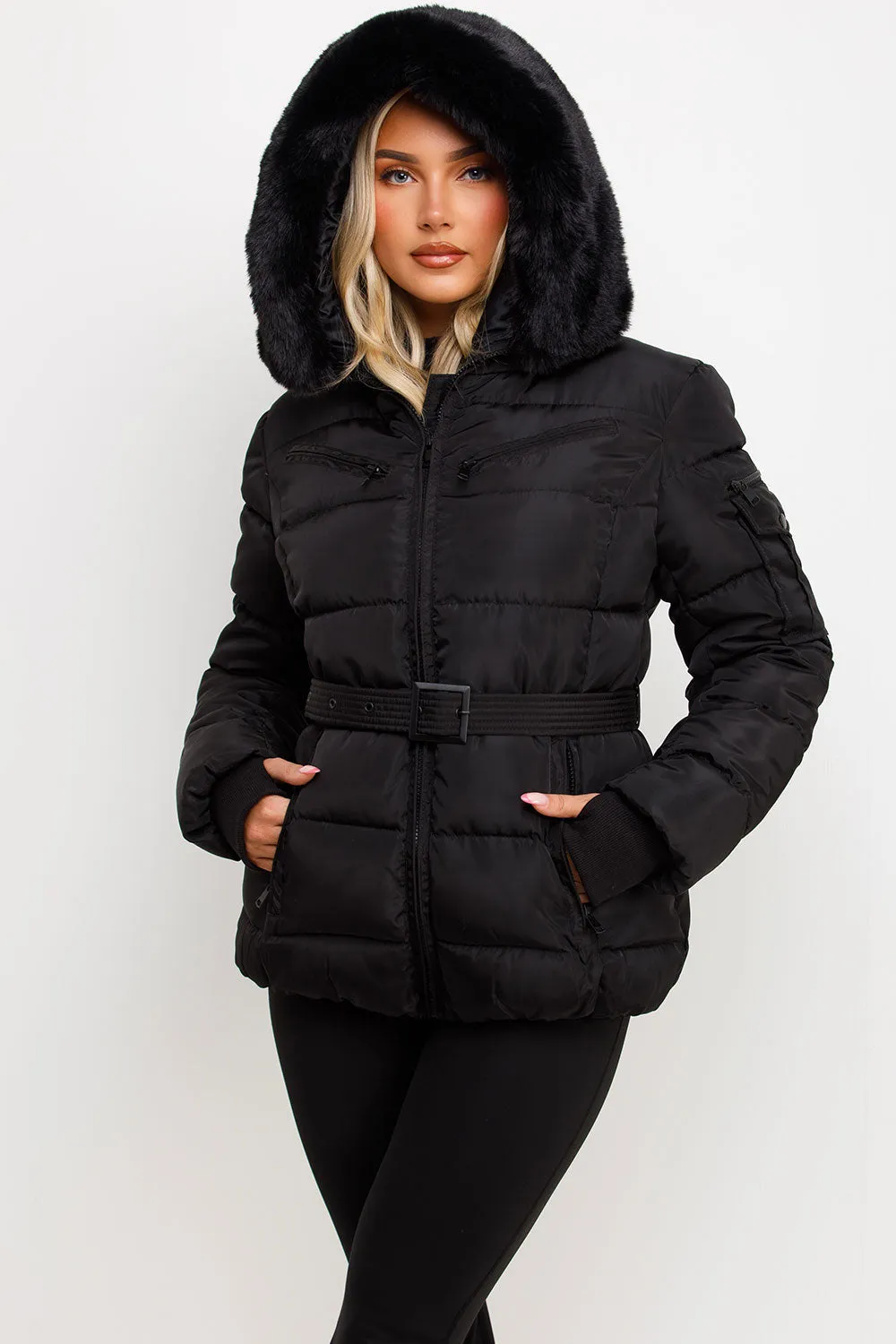 Black Faux Fur Hood Jacket With Belt