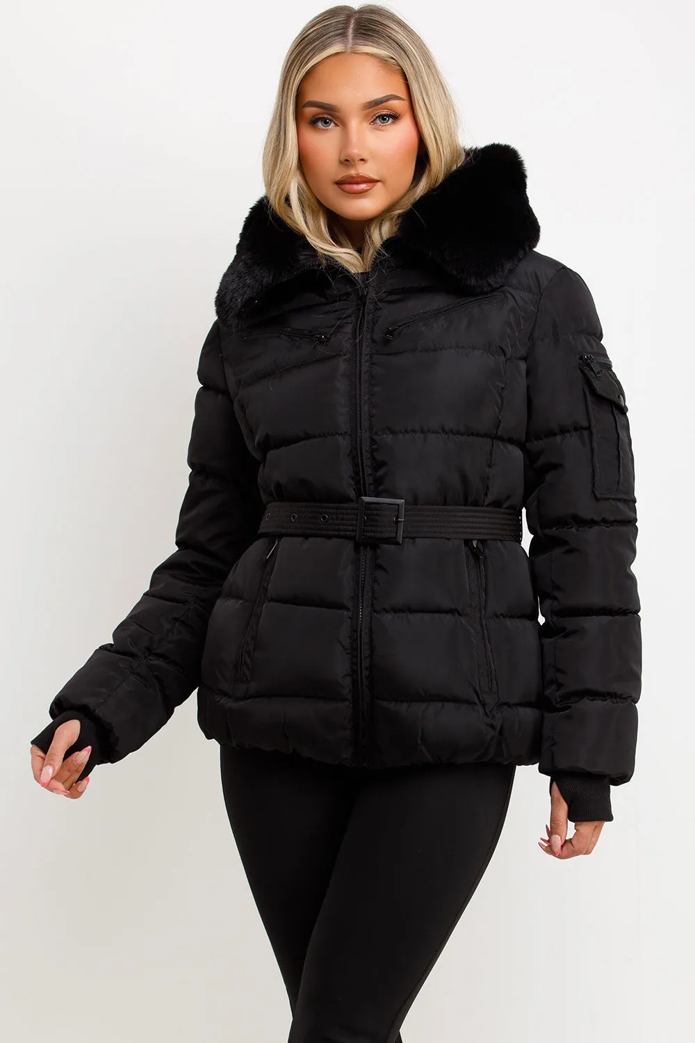 Black Faux Fur Hood Jacket With Belt