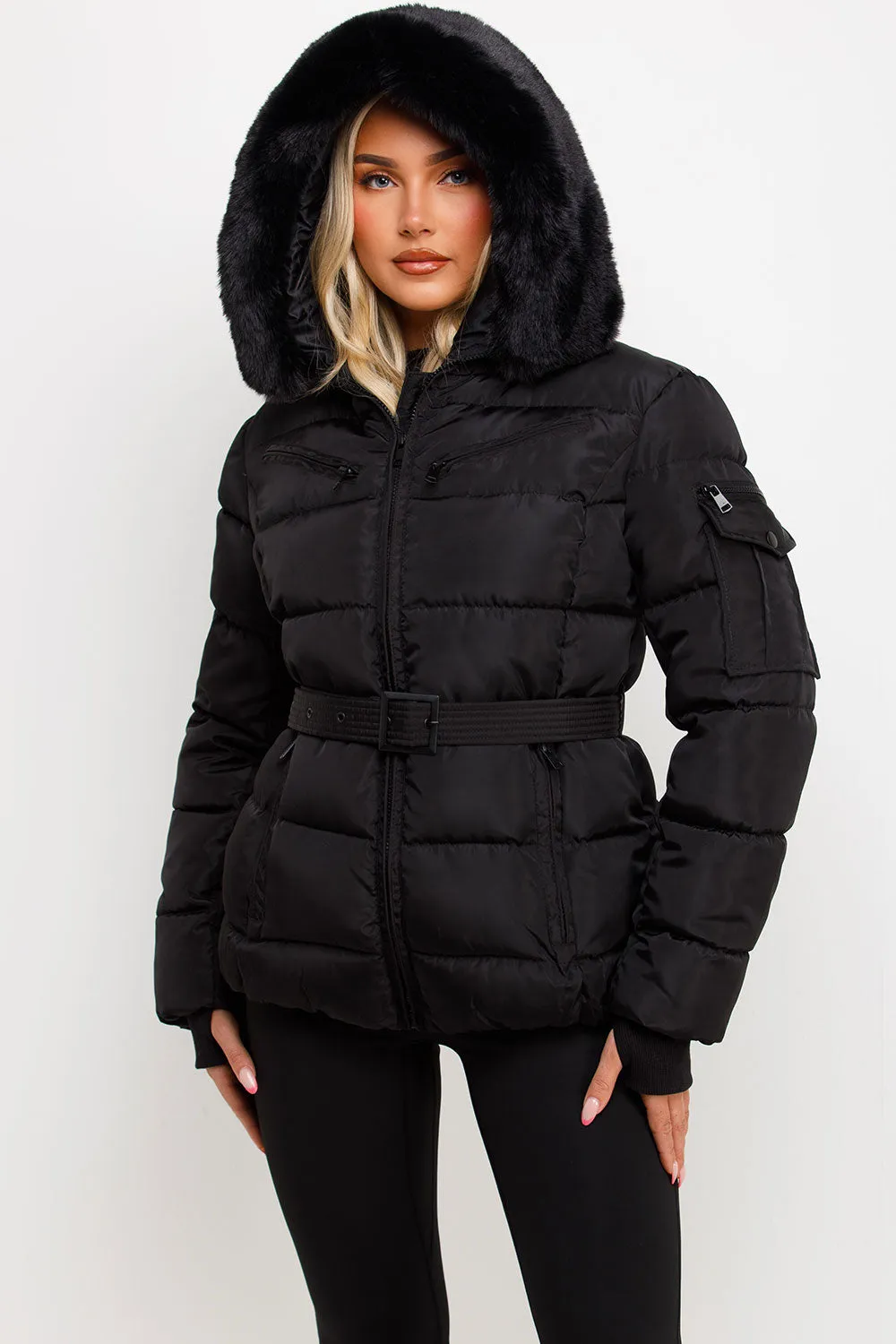 Black Faux Fur Hood Jacket With Belt