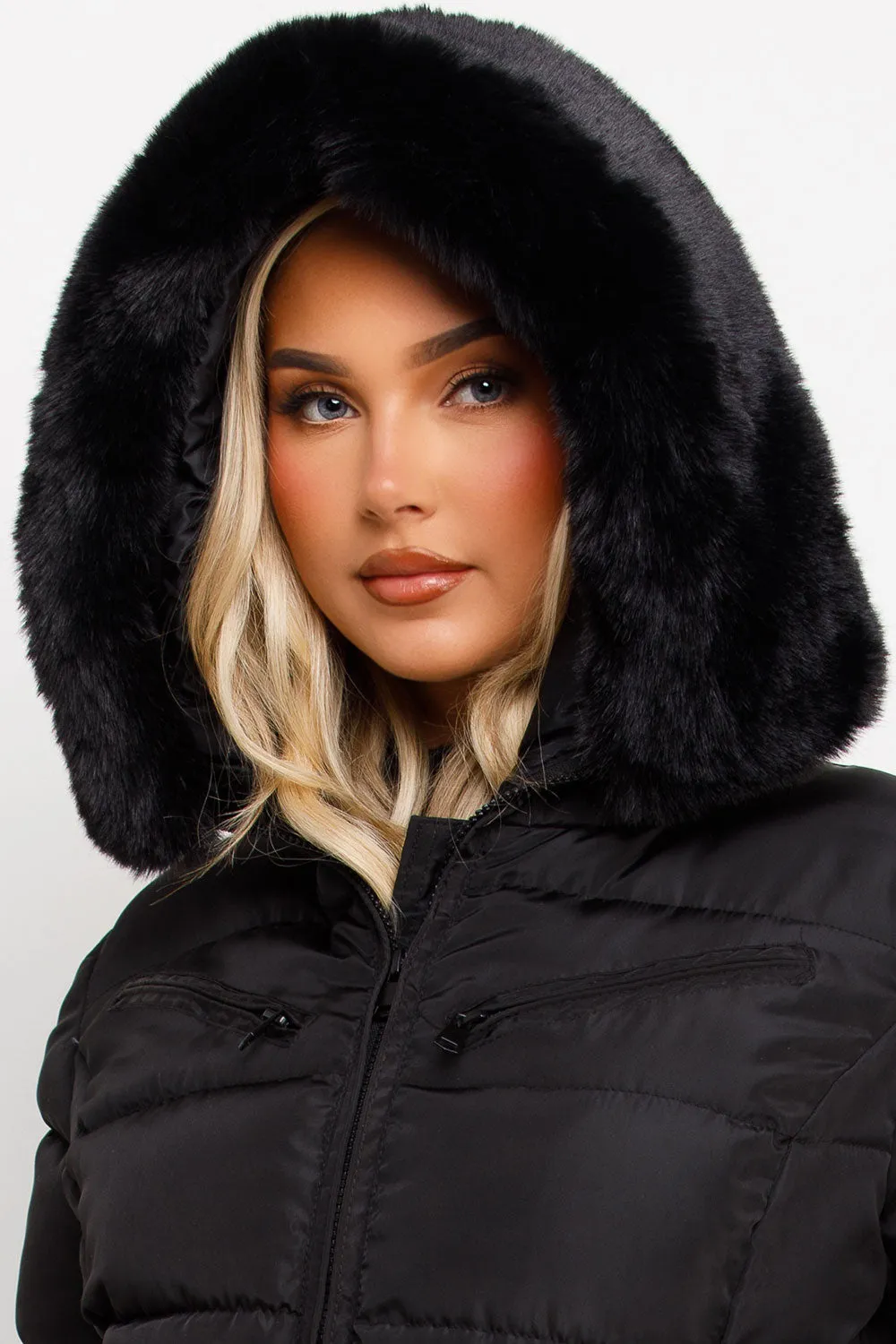 Black Faux Fur Hood Jacket With Belt