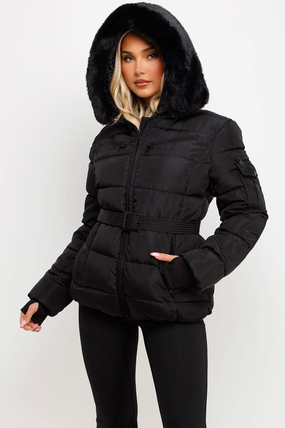 Black Faux Fur Hood Jacket With Belt