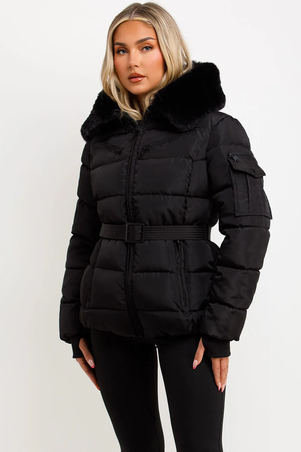 Black Faux Fur Hood Jacket With Belt