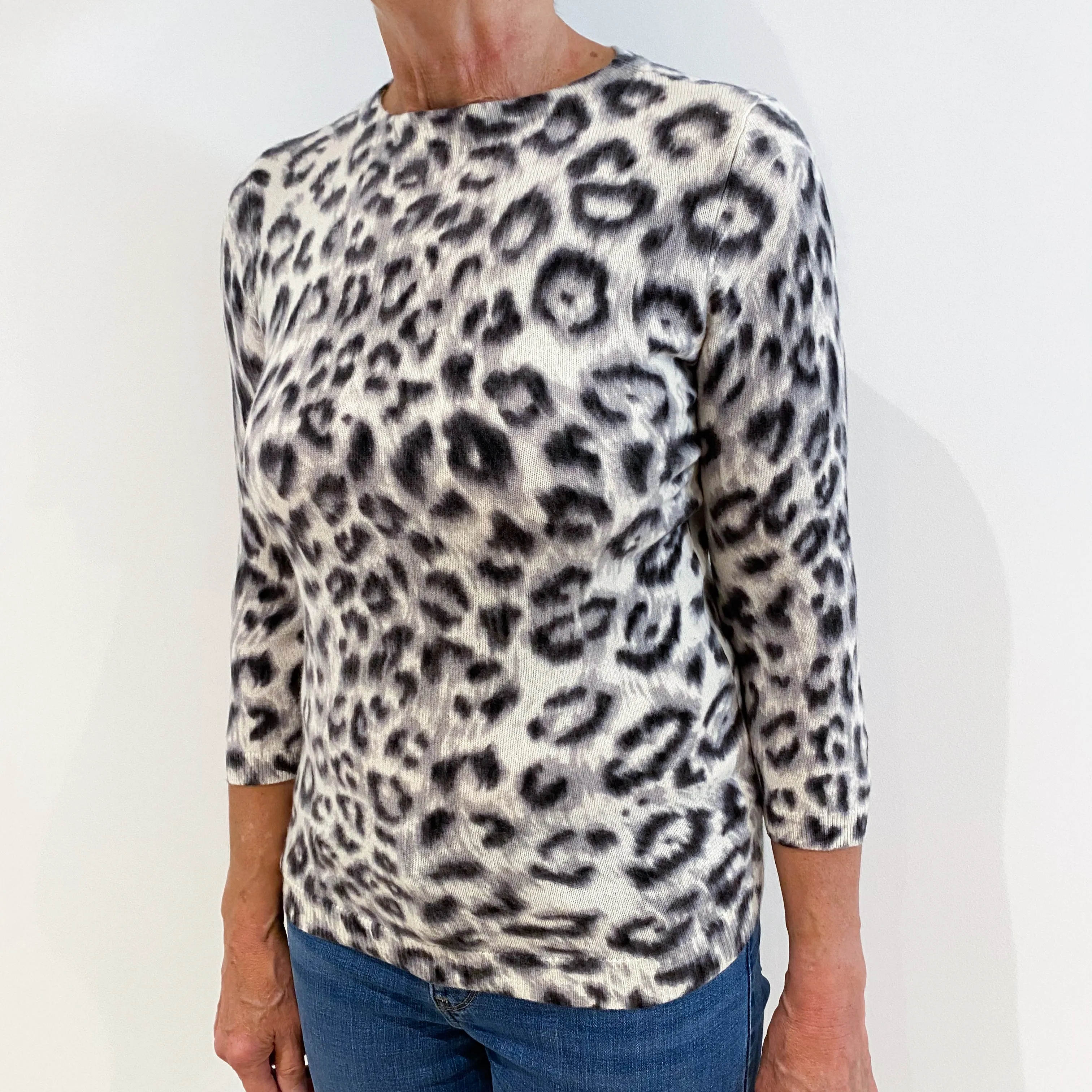 Black, Grey and Cream Animal Print Cashmere Crew Neck Jumper Medium